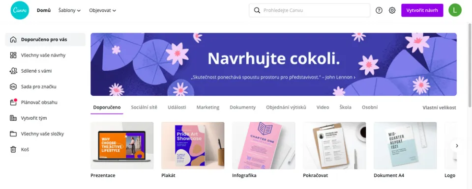 Úvodní dashboard nástroje Canva. (Foto: NástrojeProWeb)
