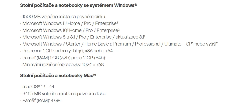 Systémové požadavky Kaspersky (Foto: NástrojeProWeb)