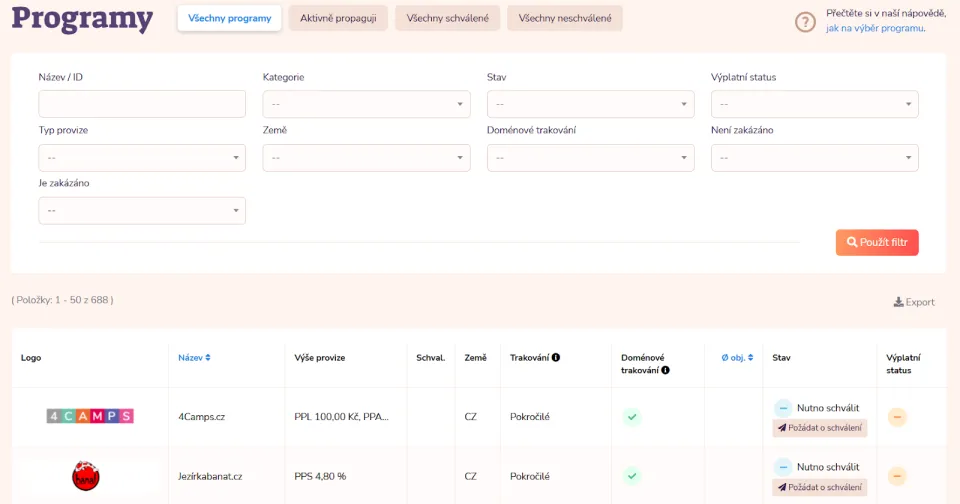 Filtrace affiliate programů (Foto: eHUB)